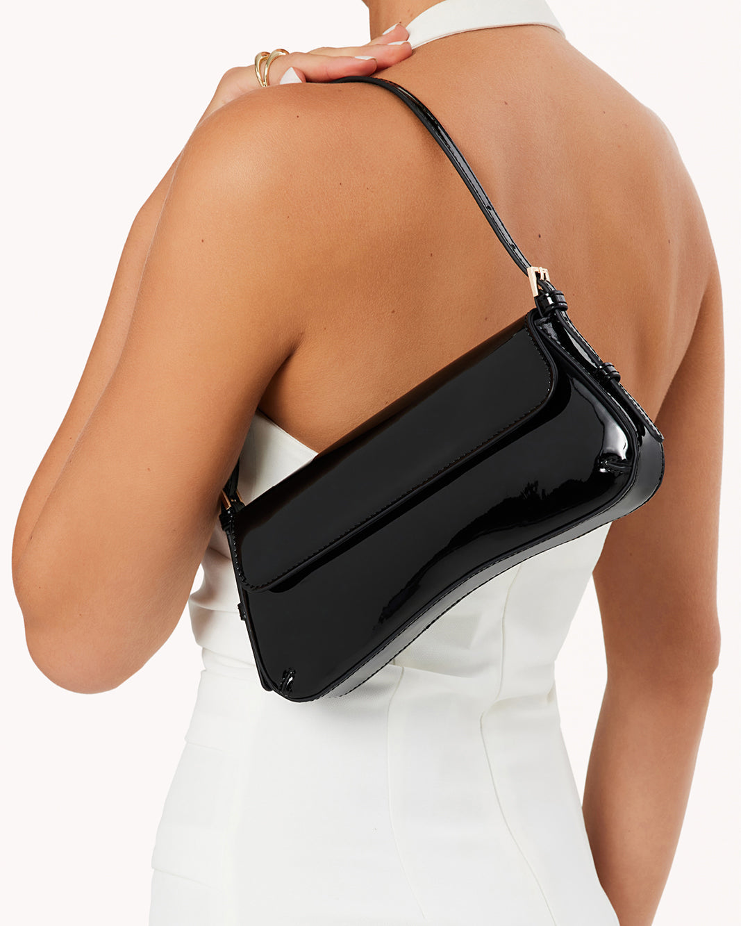 SABELLA SHOULDER BAG - BLACK PATENT-GOLD-Handbags | Billini