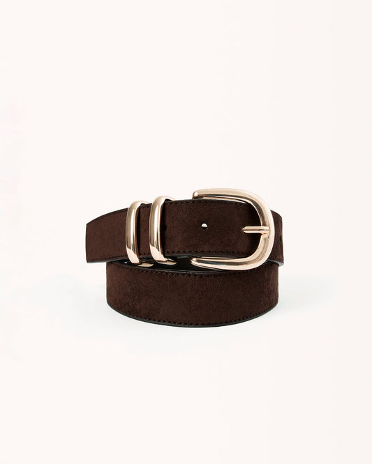 AMANI BELT - DARK CACAO SUEDE-GOLD-BELTS | Billini